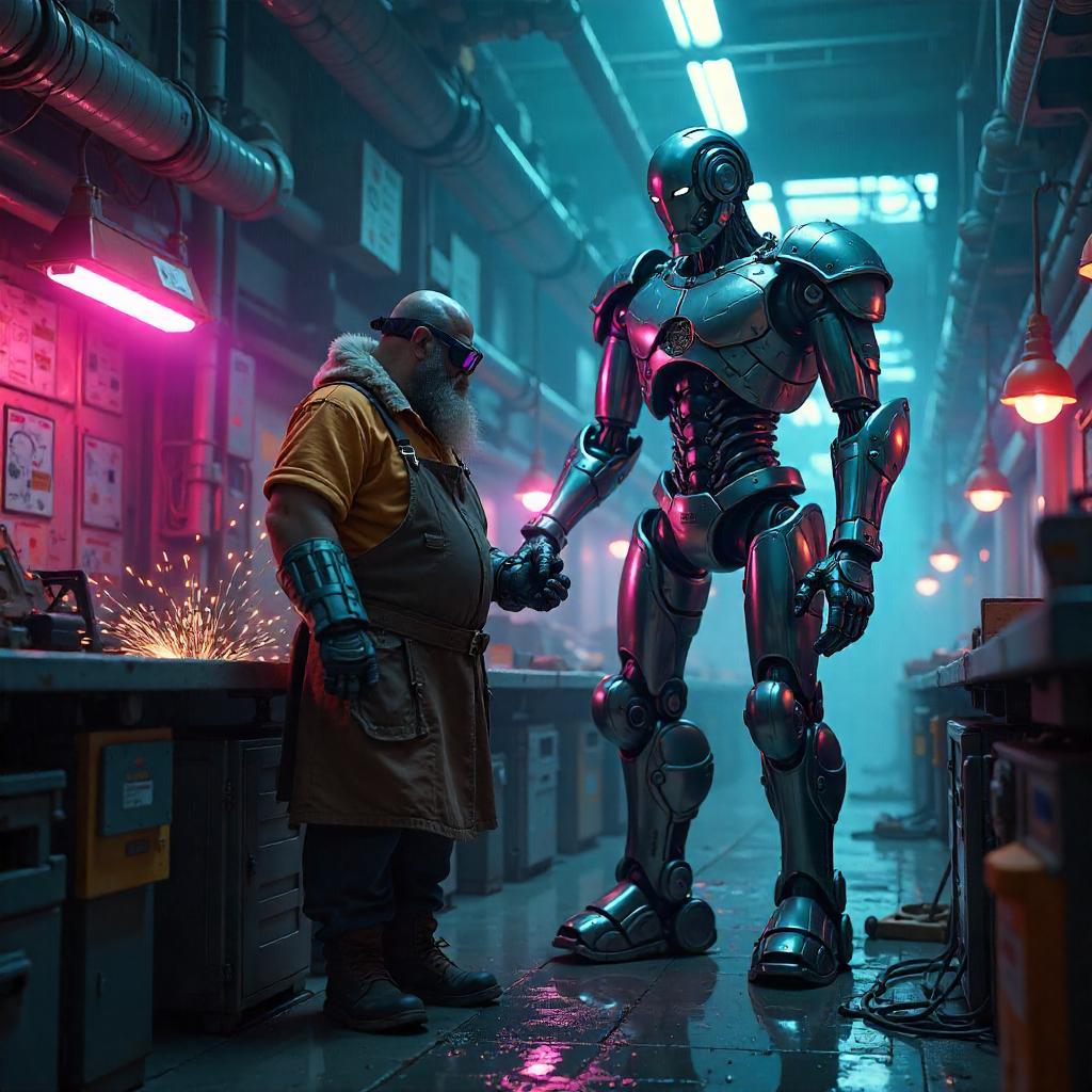 Dwarf Blacksmith in a Neon Cyberpunk Robot Factory