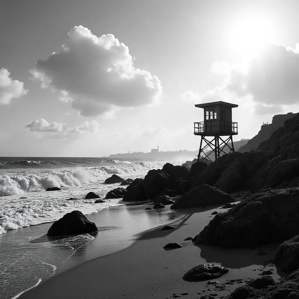 Monochrome Lifeguard Tower on Rabat's Rocky Beach