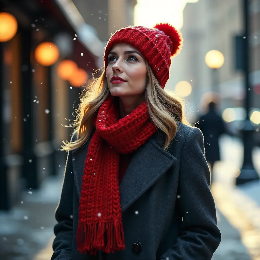 Confident Winter Woman in Red Scarf Looking Up