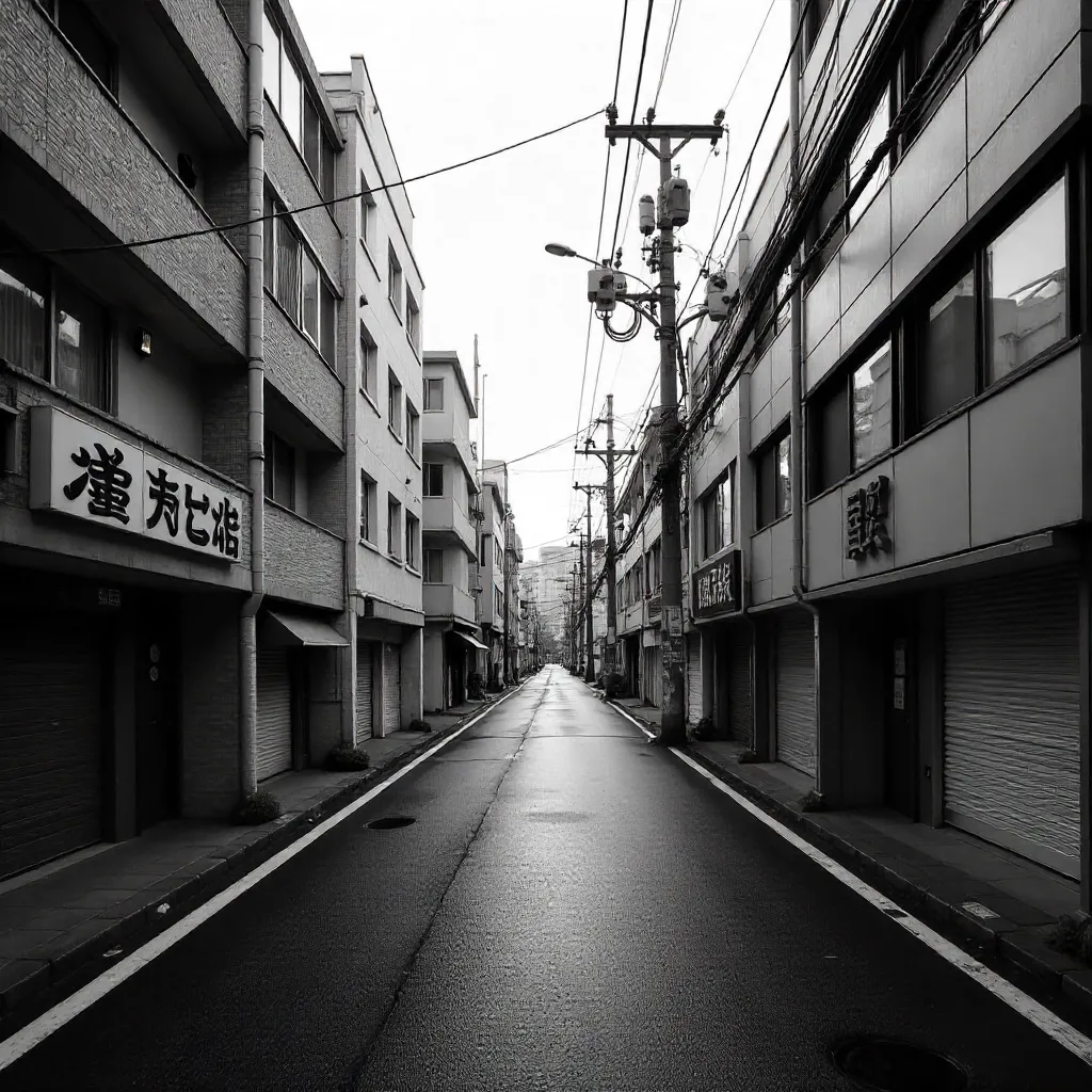 Monochrome Tokyo: An Empty Street, Wires, and Architecture