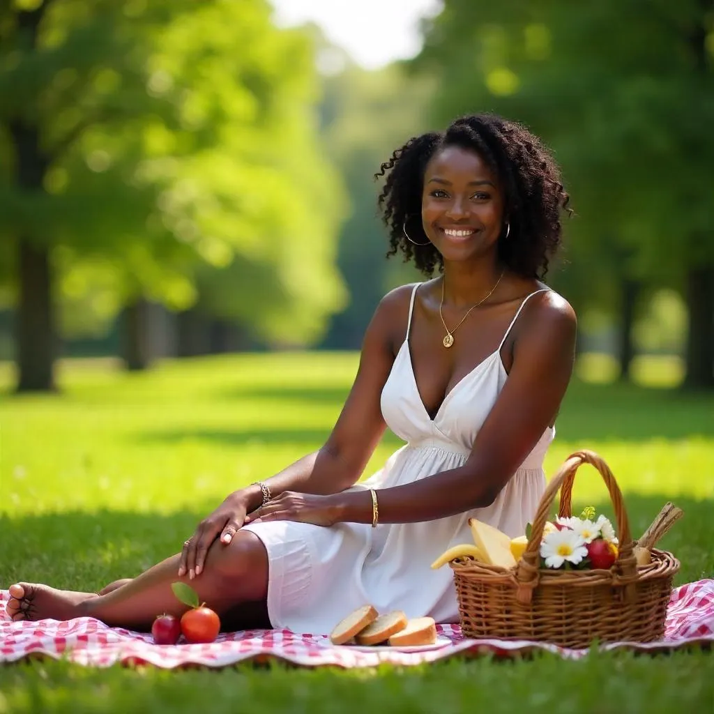 Elegant Black Woman at a Golden Hour Picnic