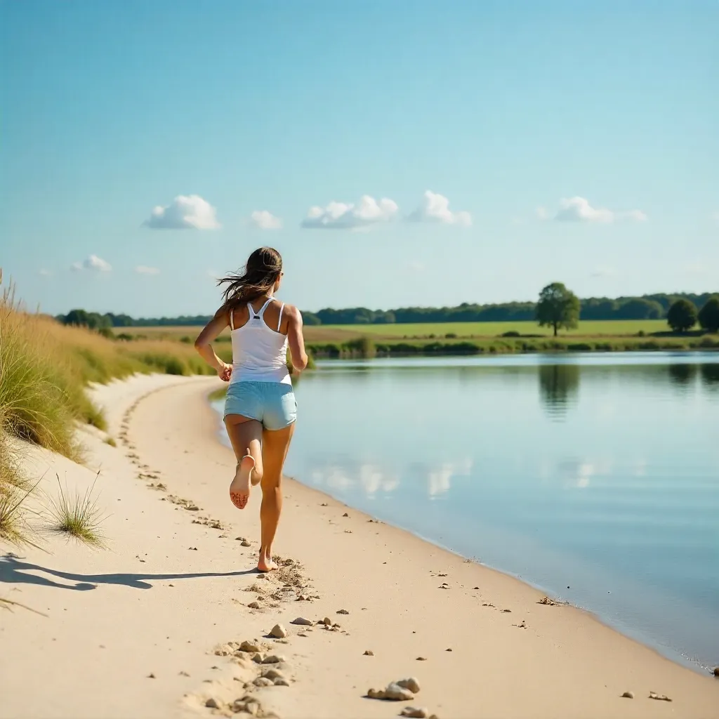 Running Toward a Tranquil Drouwen Lake Beach
