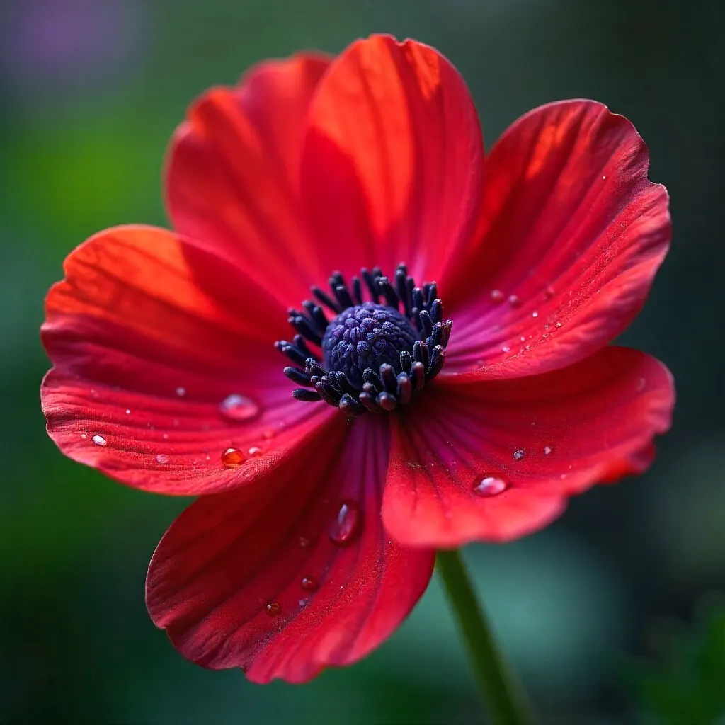 Macro Closeup: Red Anemone with Purple Center