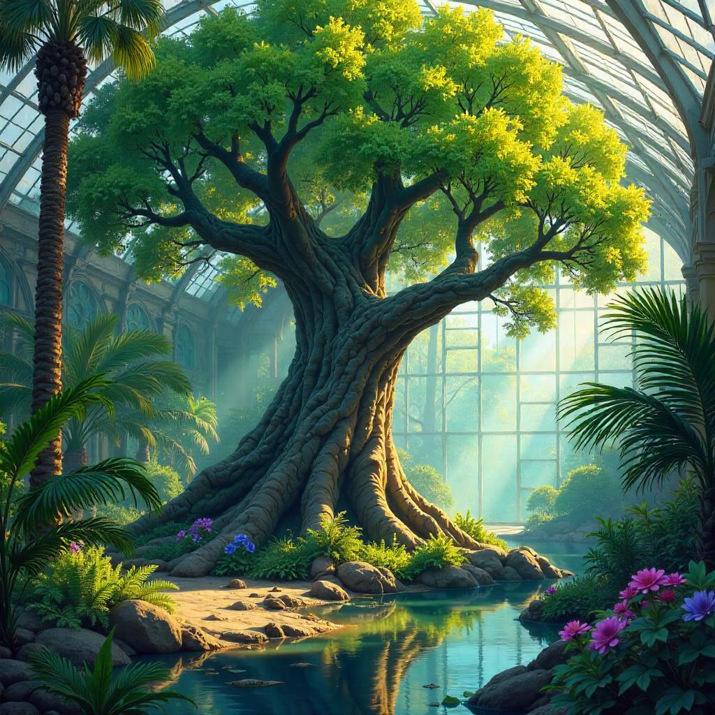 Ancient Tree in a Luminous Botanical Garden