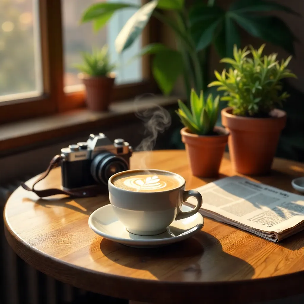 Warm Indoor Still Life: Latte, Camera, and Plants