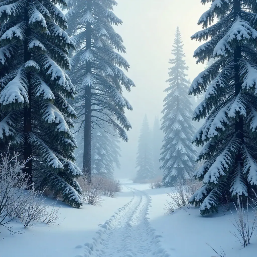 Serene Winter Forest Shrouded in Snowy Mist