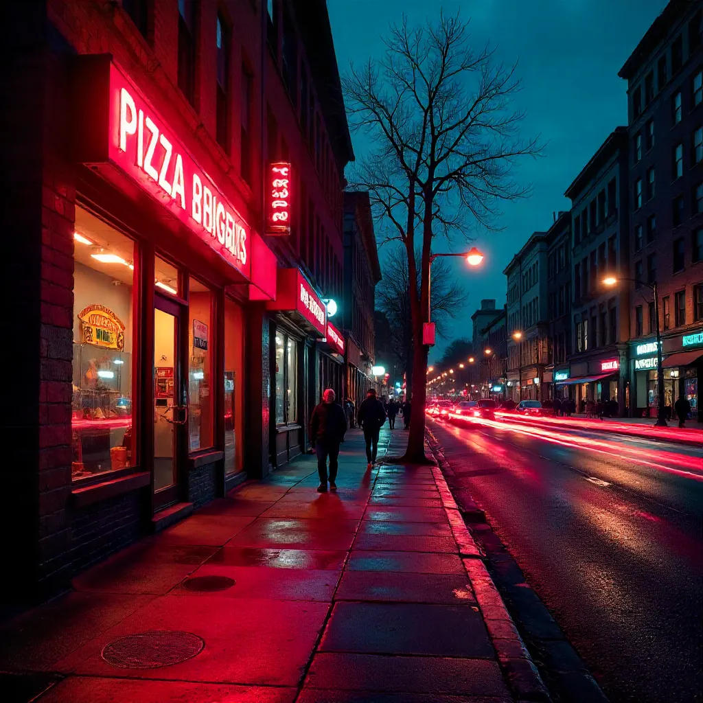Red Neon Pizza Sign Lights Up DC Night