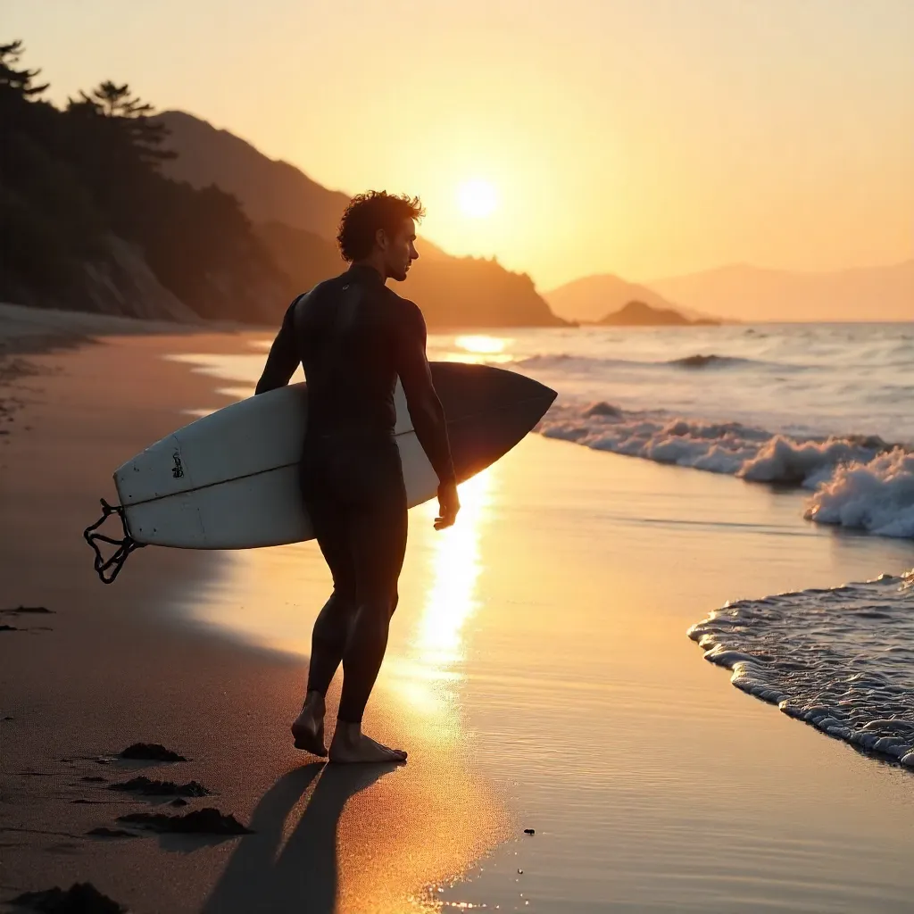 Surfer Walking Kamakura Beach at Dawn