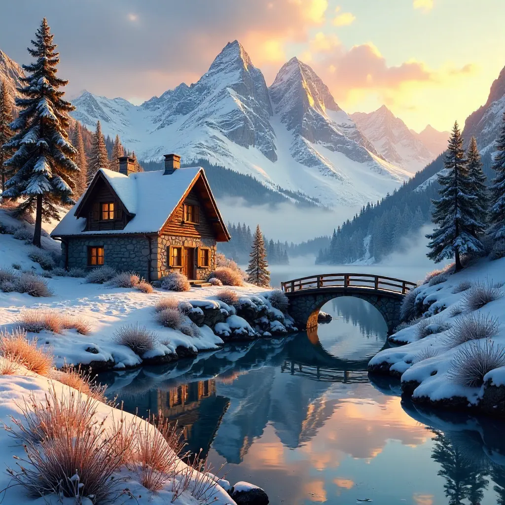 Tranquil Alpine Cottage by a Stone Bridge at Dusk