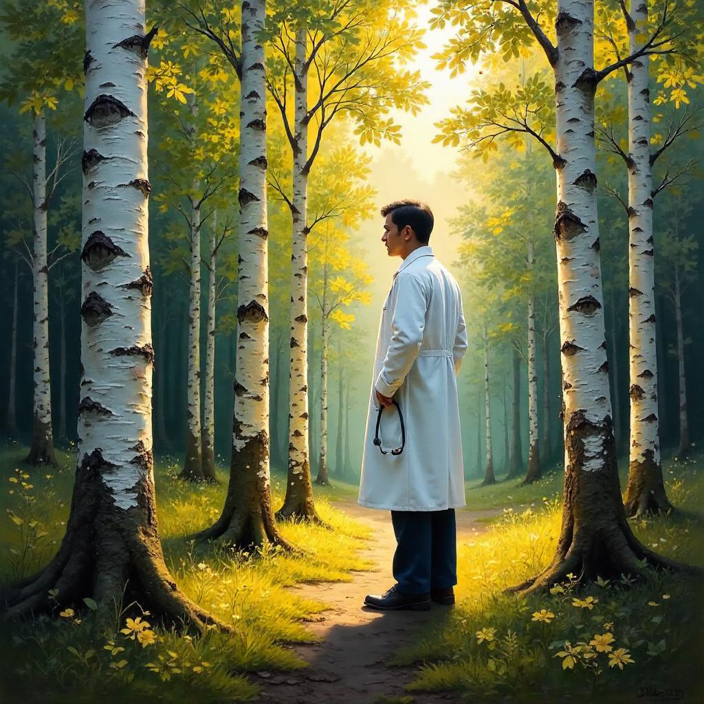Birch Forest Doctor: An Oil Painting Scene