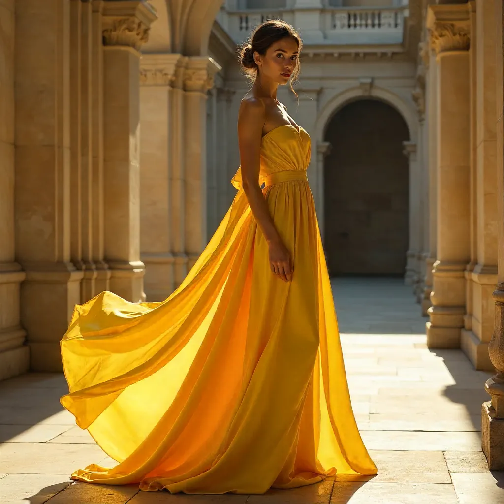 Radiant Yellow Gown in Historic Light and Shadow