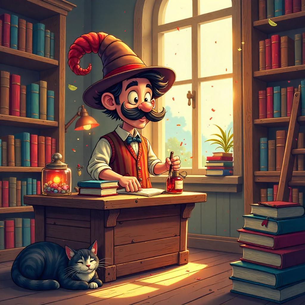 Cartoon-Style Merchant in a Cozy Library
