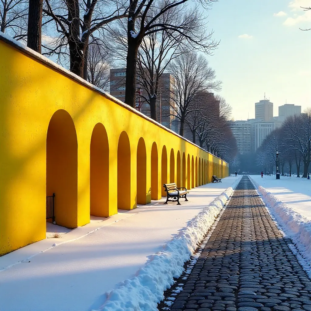 Snowy Berlin Park with Yellow Wall and Arches