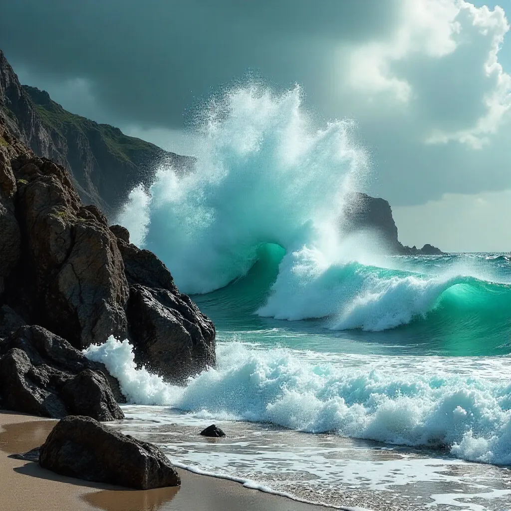Turquoise Waves Against Rugged Coastal Rocks