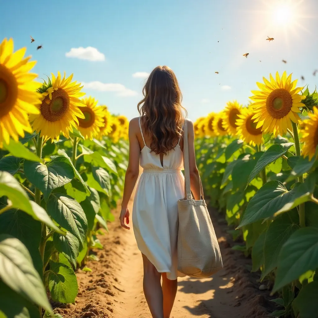 Sunflower Field Stroll with Tote Bag