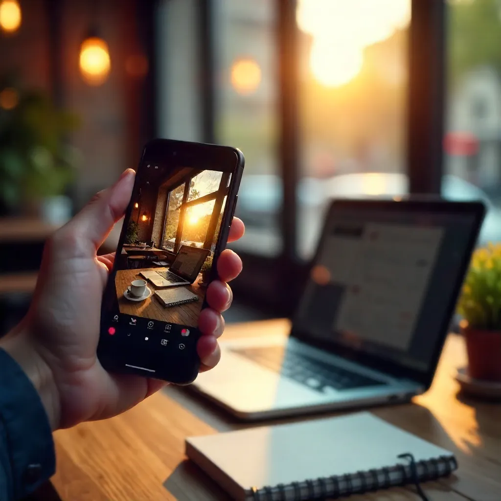 Hand Holding Smartphone Capturing Cozy Cafe Scene