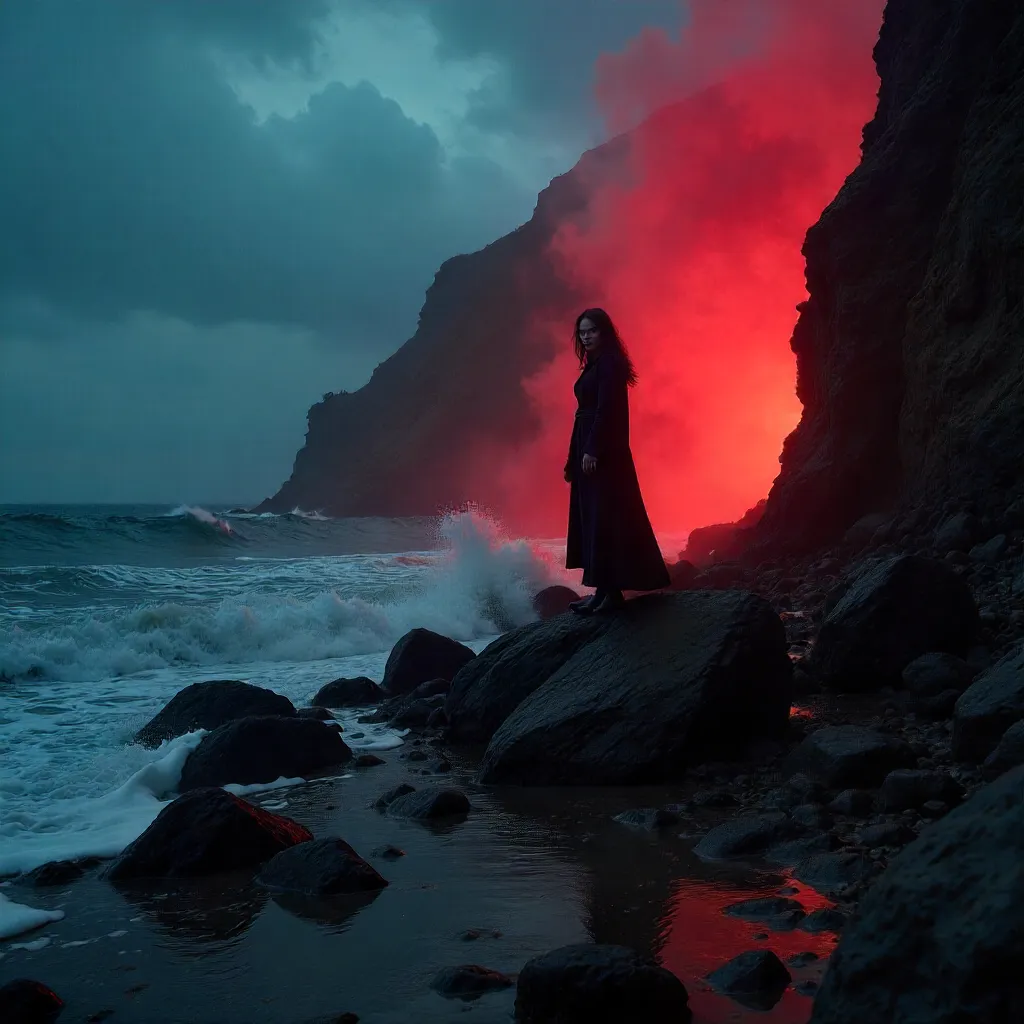 Red-lit Night on Jagged Rocks