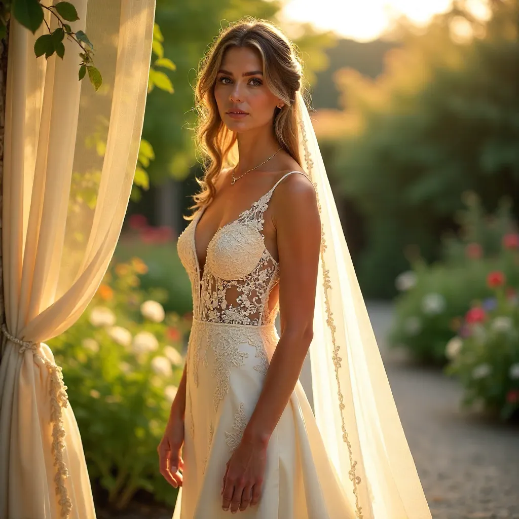 Bride in Lace Gown Amid Flowing Curtains and Sunlight