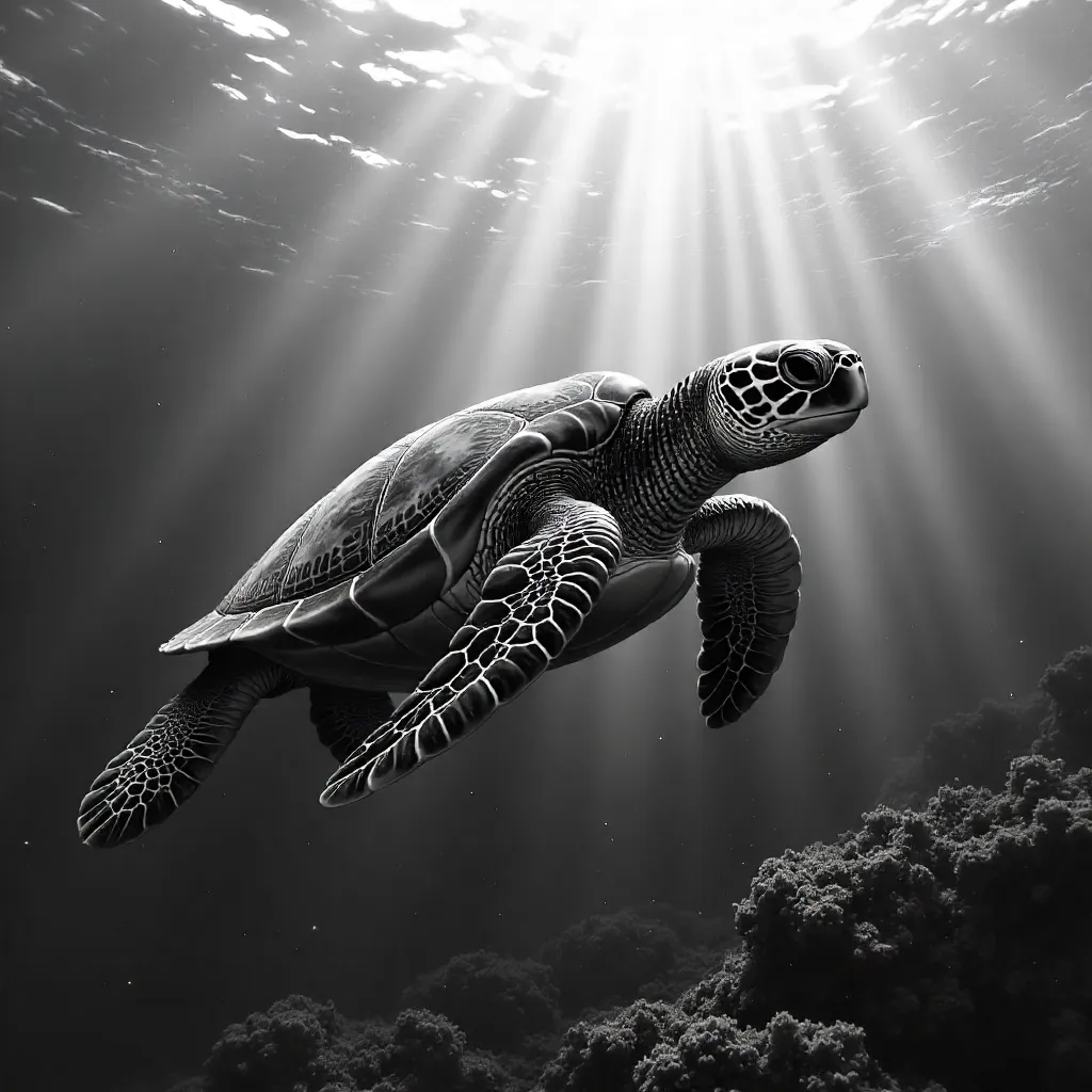 Graceful Black and White Sea Turtle Underwater Portrait