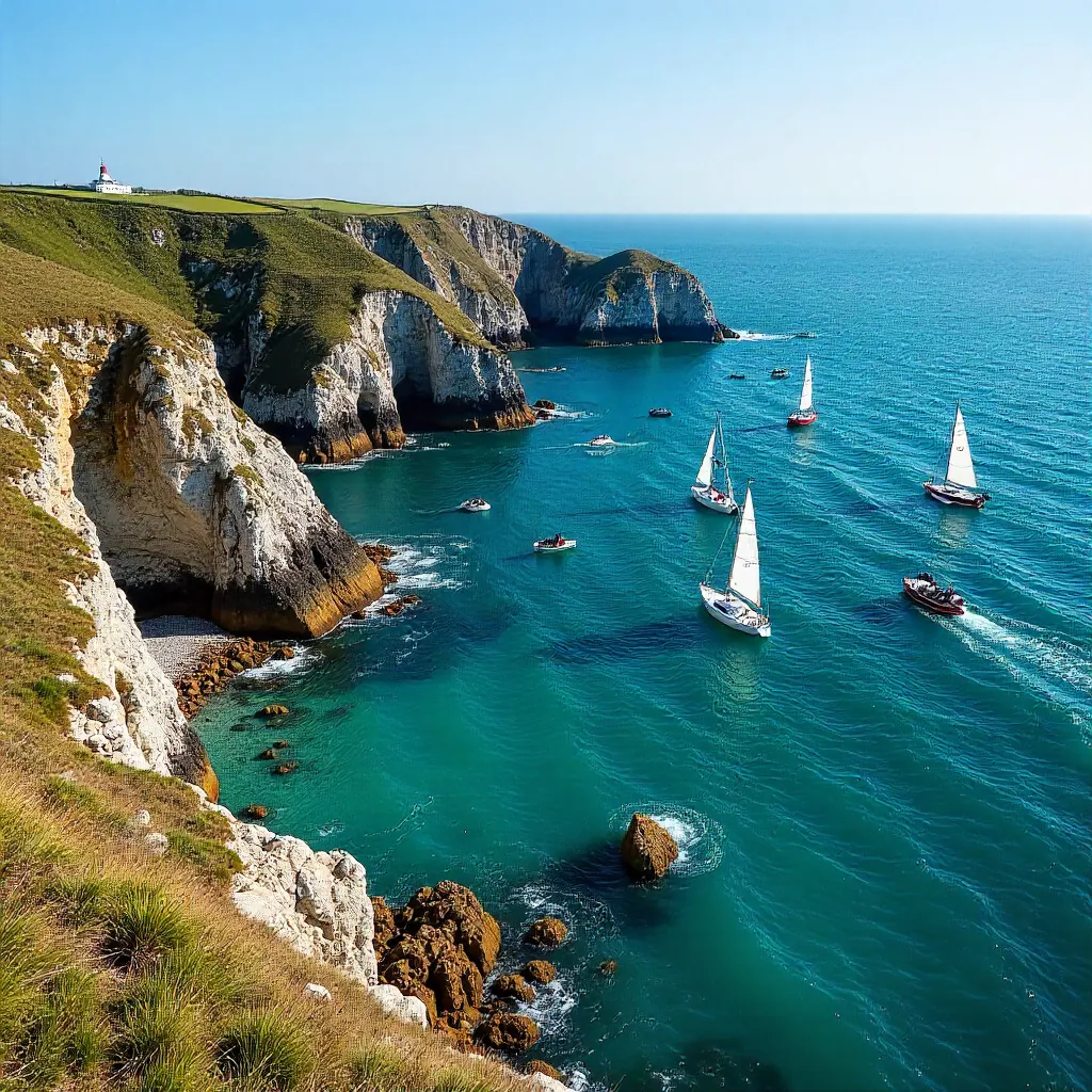 Aerial View: Brittany Coastline Boats under Clear Skies