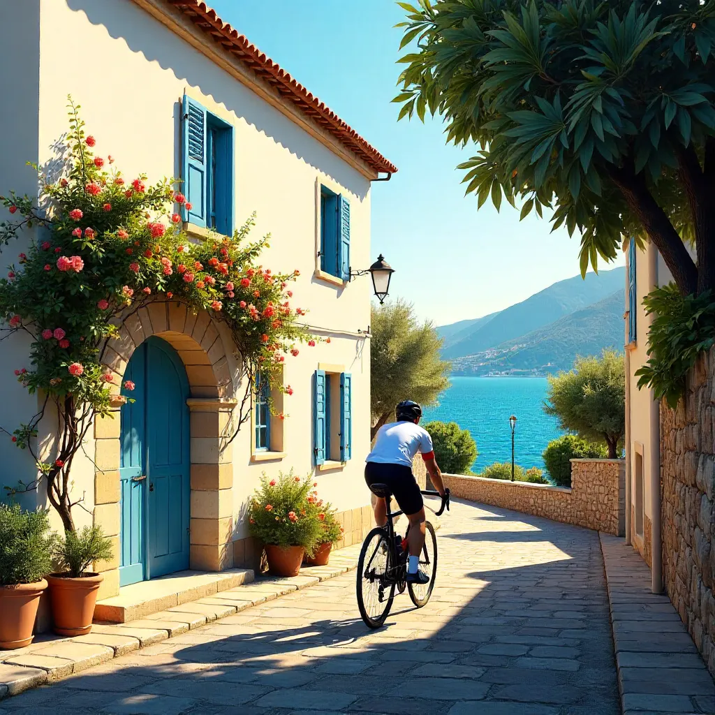 Cyclist in Sunlit Corsican Street, Cargèse