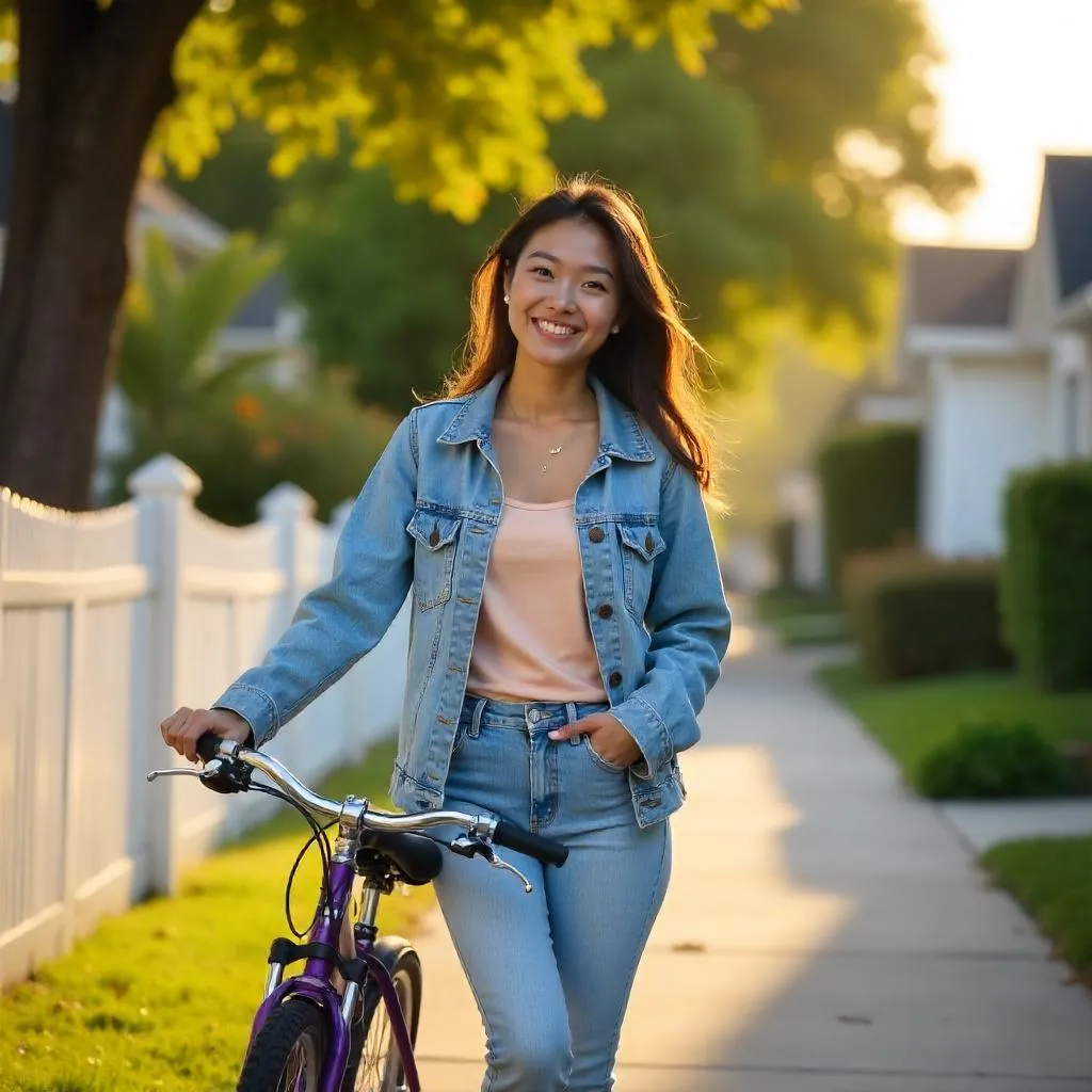 Cheerful Asian Woman in Suburban Morning Light