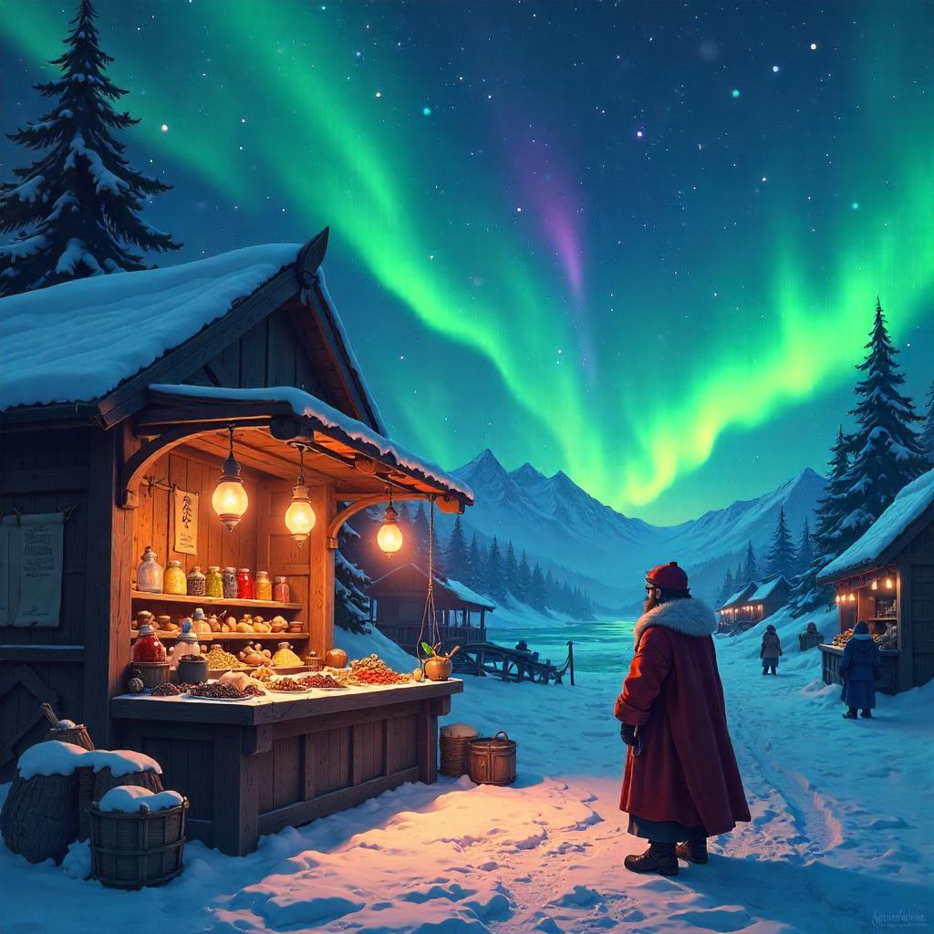 Aurora Night Market Merchant in Anime Style