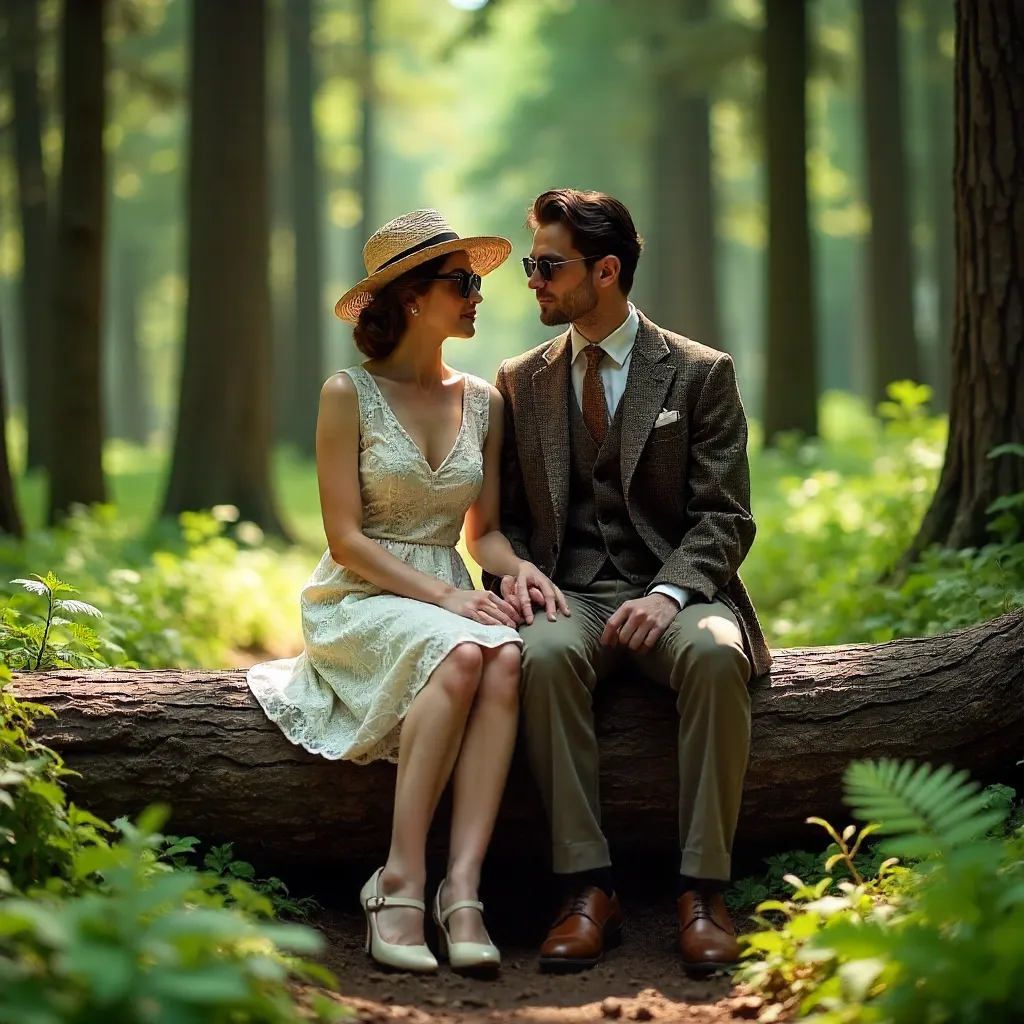 Vintage Chic Couple on Logs in Emerald Forest