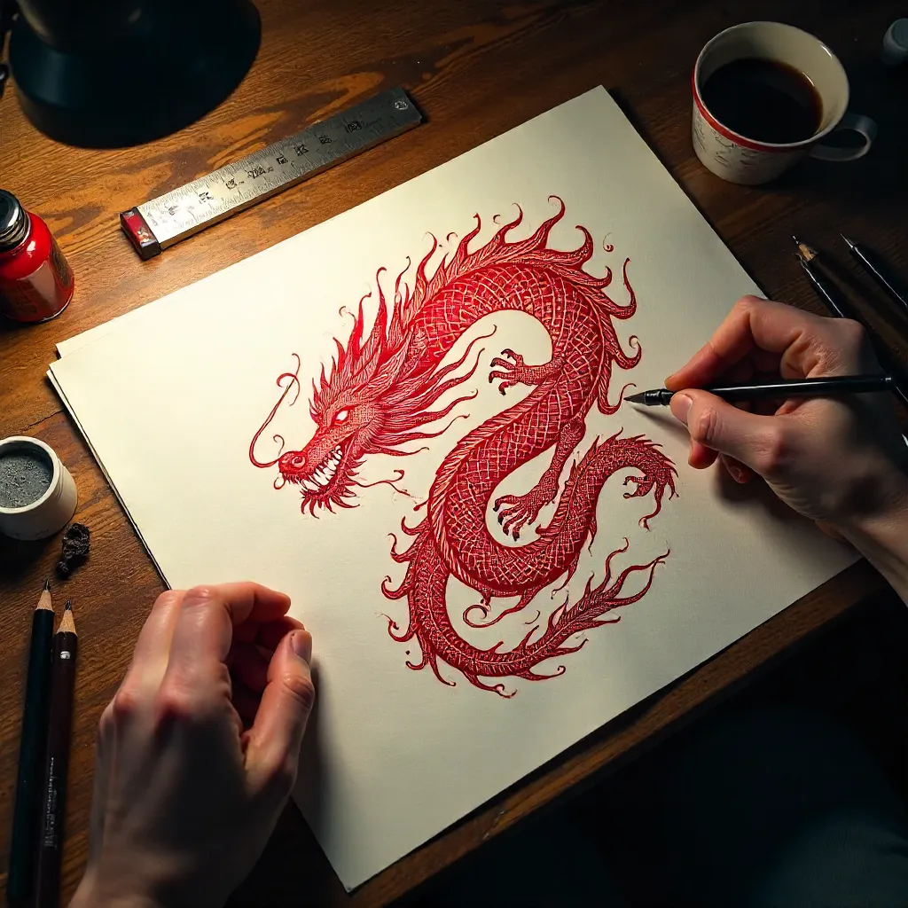 Top-Down Sketch: Red Dragon Tattoo Design