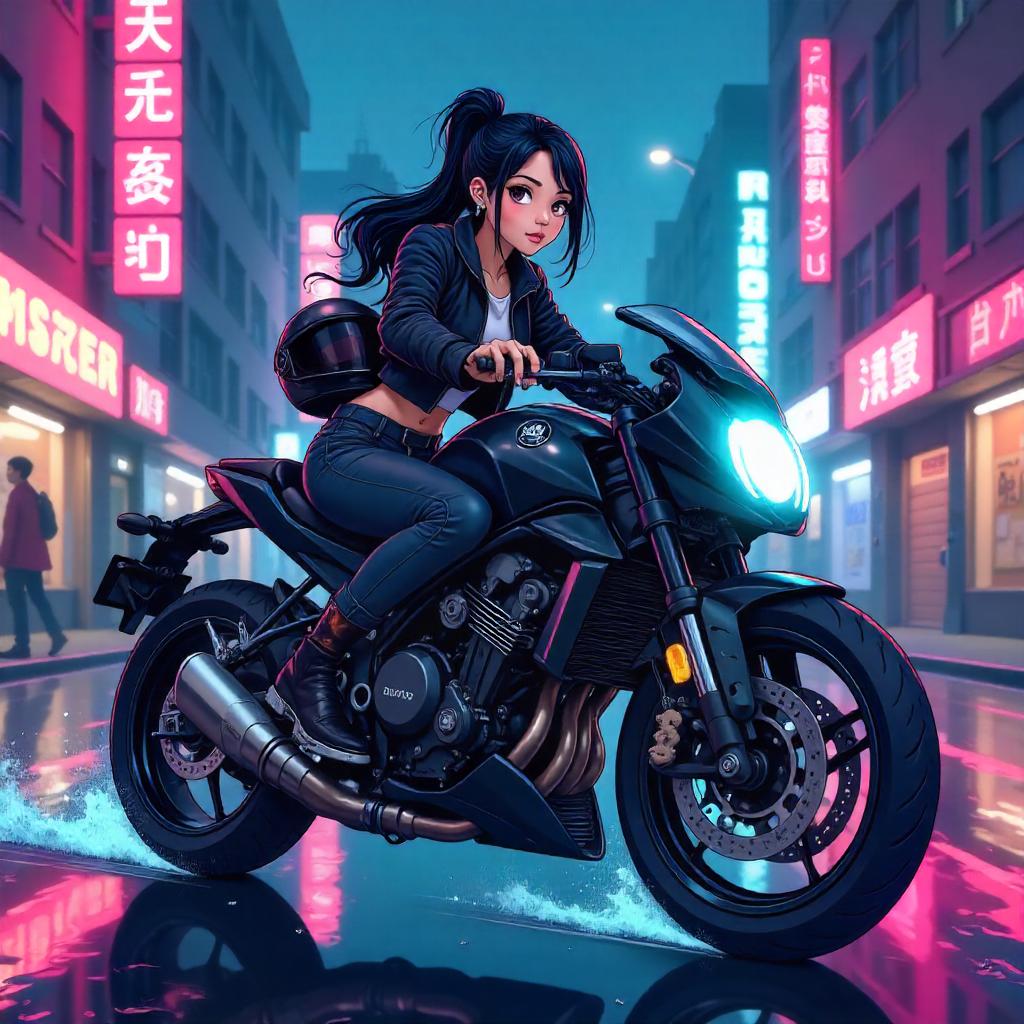 Stylish Asian Girl on a Motorcycle - Cartoon Style
