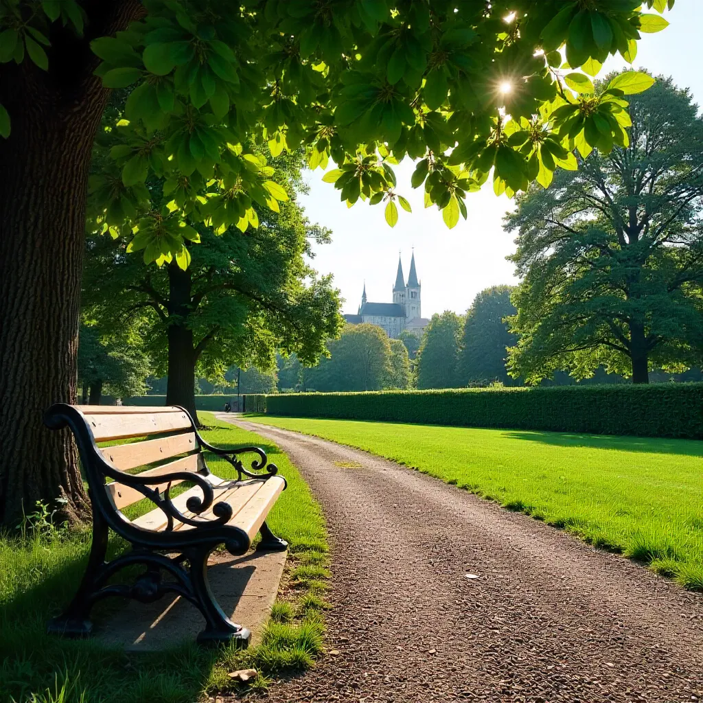 Sunny Munich Park Bench Surrounded by Lush Greenery