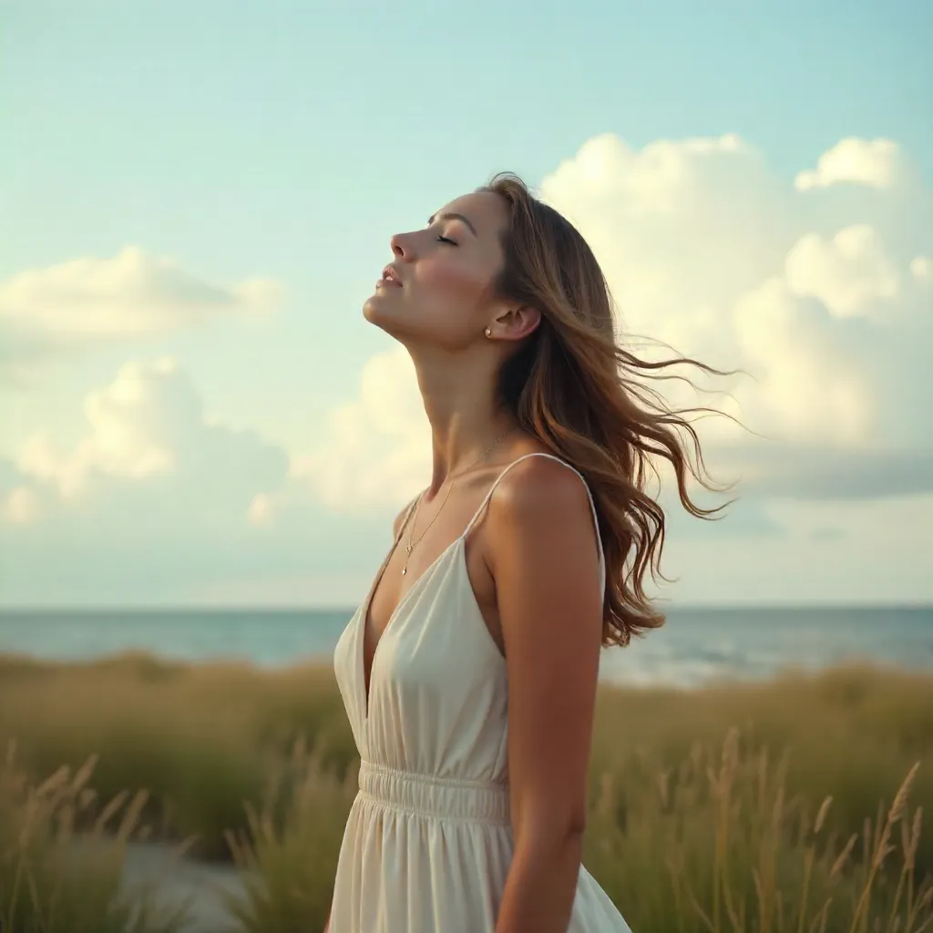Wind-Washed Serenity: Woman Gazing at the Sky