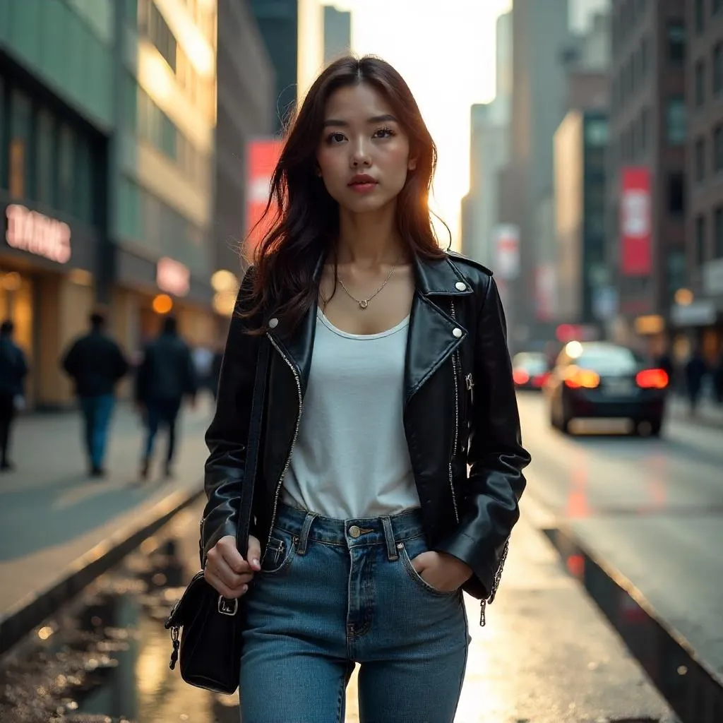 Photorealistic Young Asian Woman on a City Street