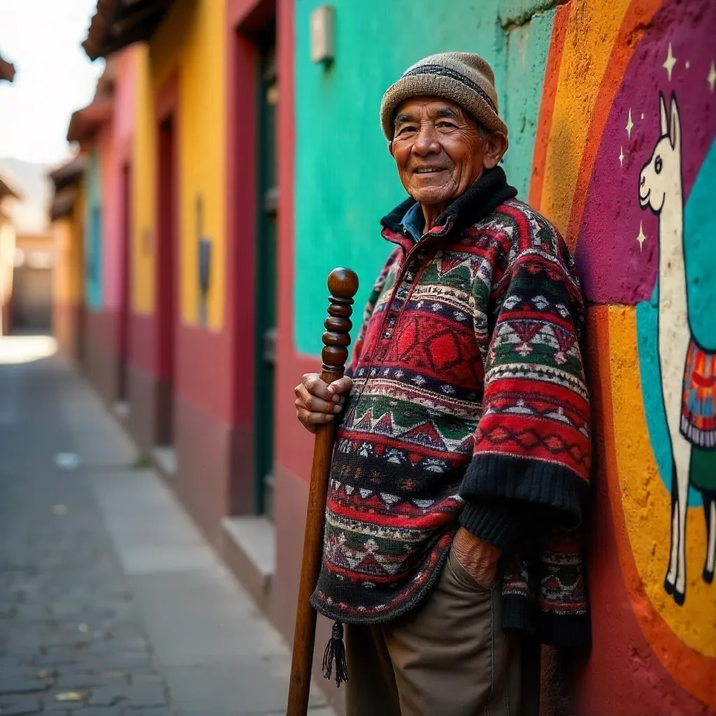 Elderly Peruvian Man in Traditional Attire by a Colorful Wall