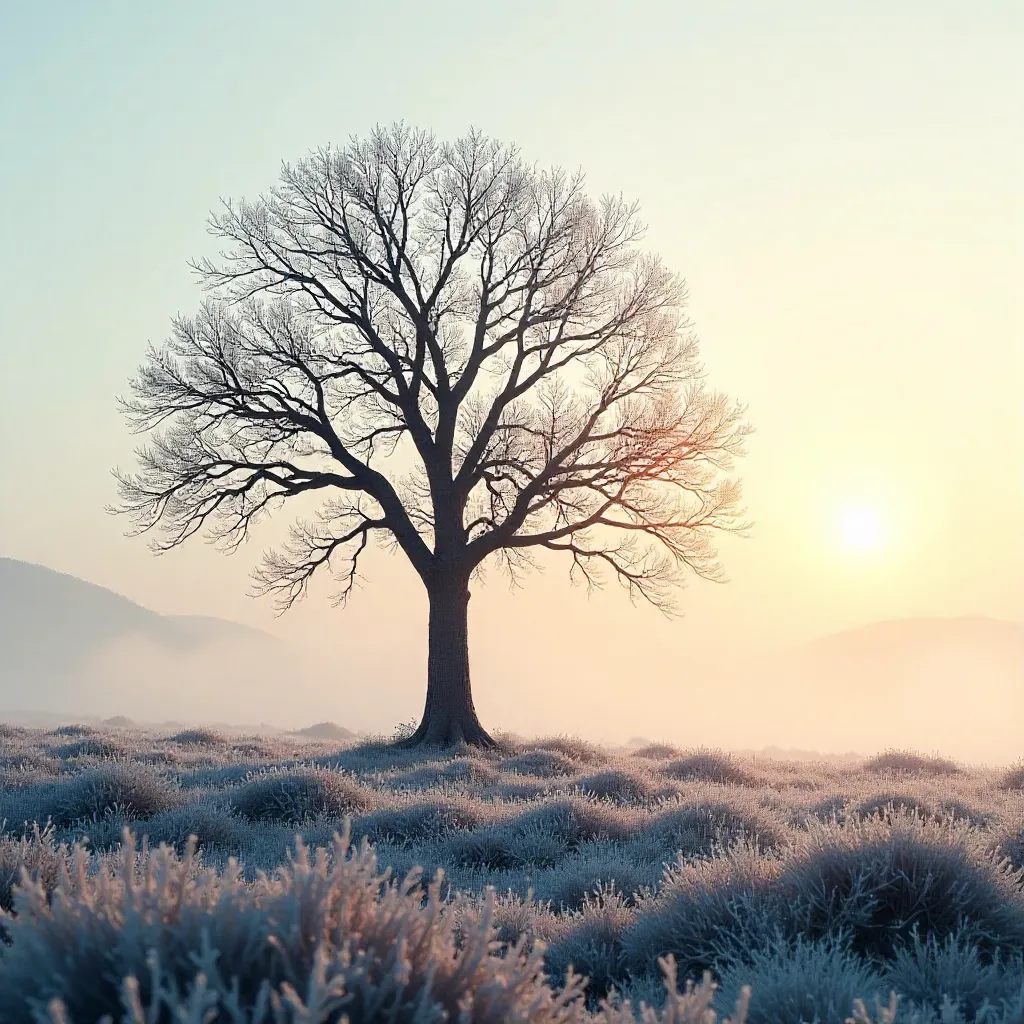 Mist-Soft Dawn: A Solitary Tree in Frosted Field