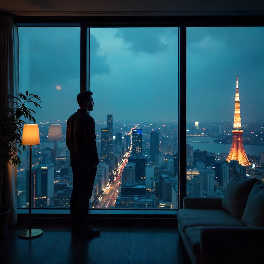 Man Gazing at Tokyo Skyline from a High-Rise