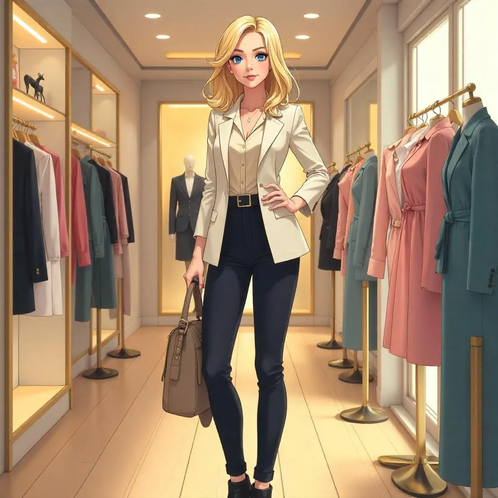 Confident White Woman in an Anime Boutique