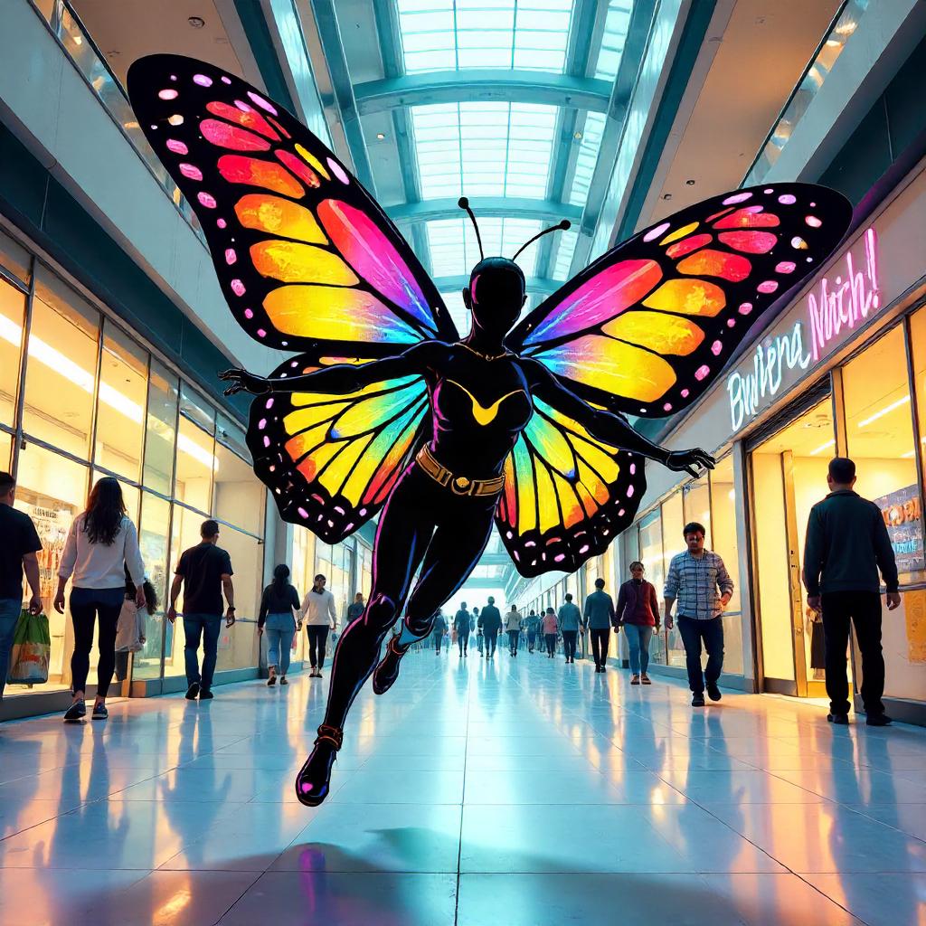 Comic-Style Butterfly in a Shopping Mall