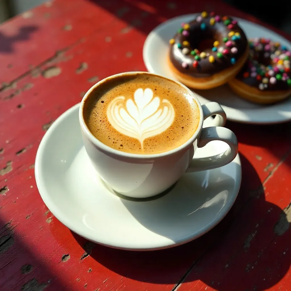 Coffee Cup with Foam and Donuts on Rustic Red Surface