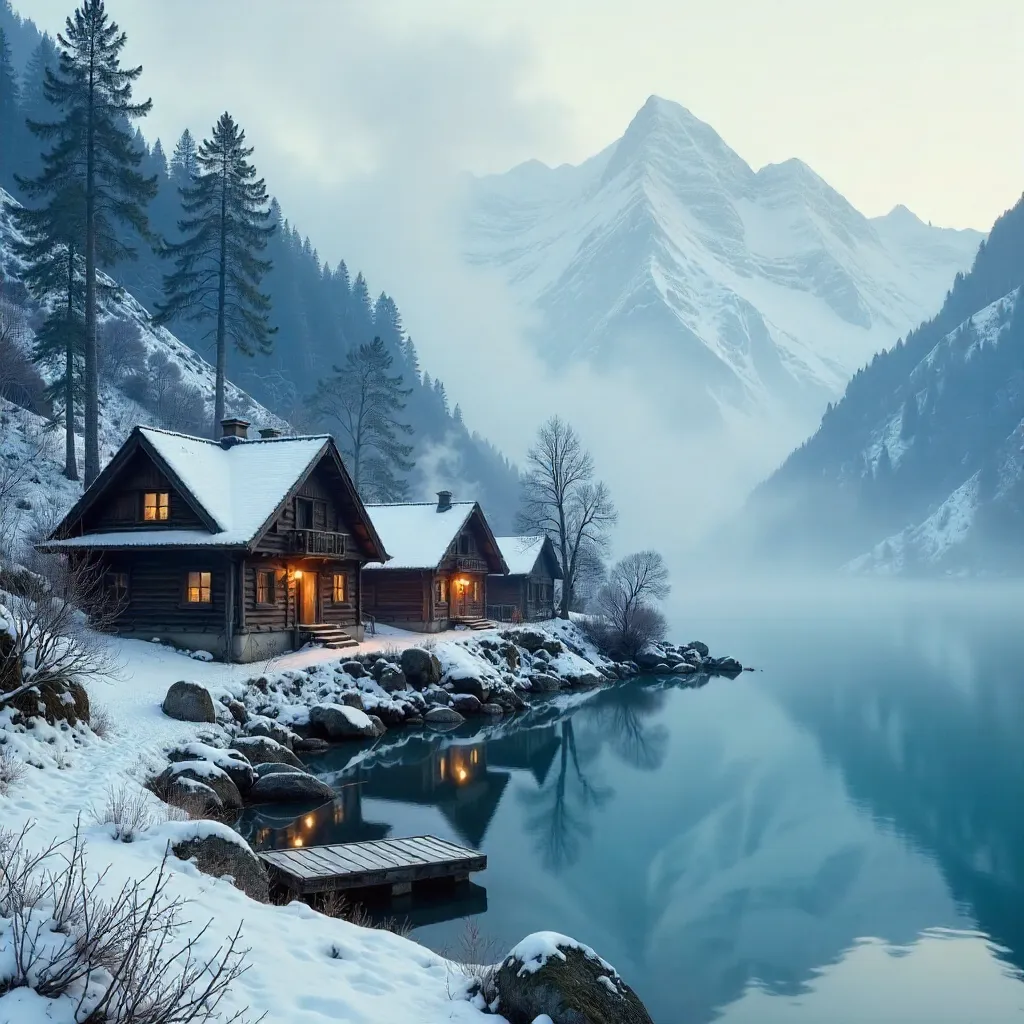 Winter Mist over a Mountain Village by the Lake