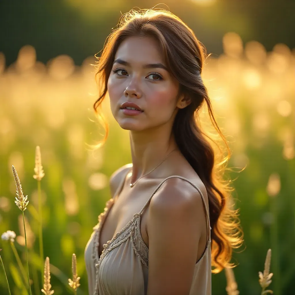 Serene Grassy Portrait of a Calm Woman