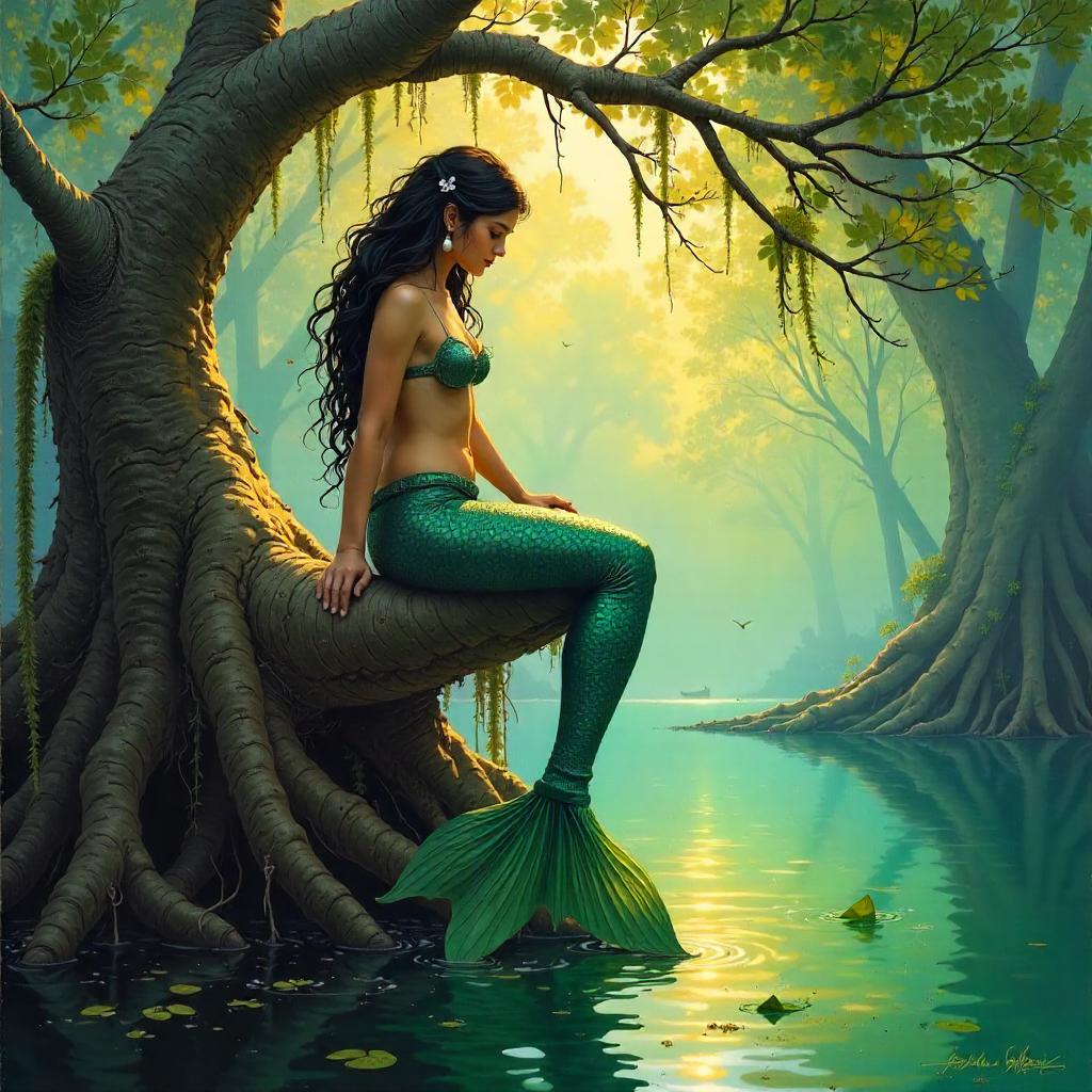 Mermaid in the Mangrove Swamp: Oil Painting