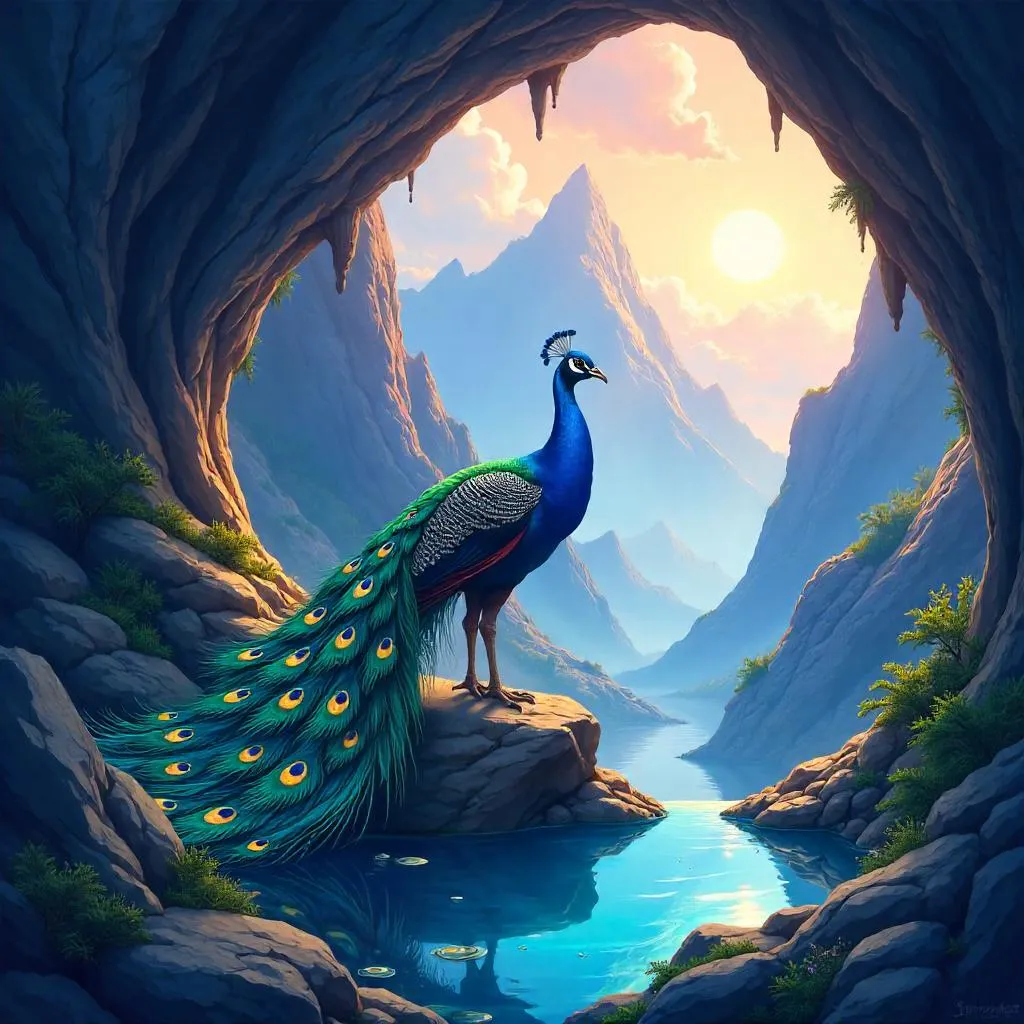 Peacock in an Anime Mountain Cave