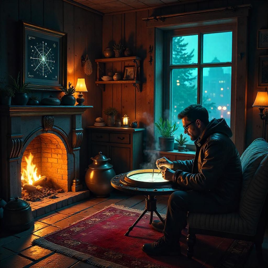 Celestial Compass in a Cozy Cyberpunk Cottage