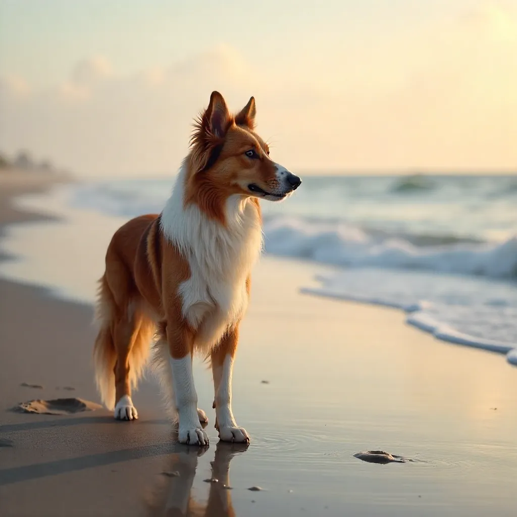Brown Border Collie on a Quiet Beach at Dusk