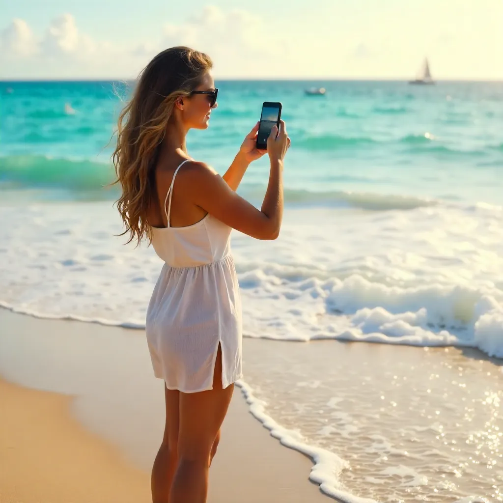 Woman Captures Serene Ocean View with Smartphone