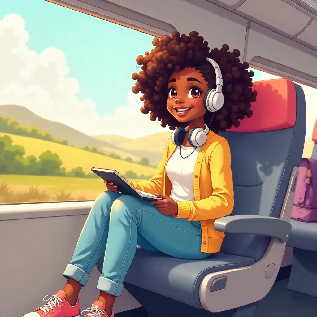 Cheerful Black Girl on a Train in Anime Style