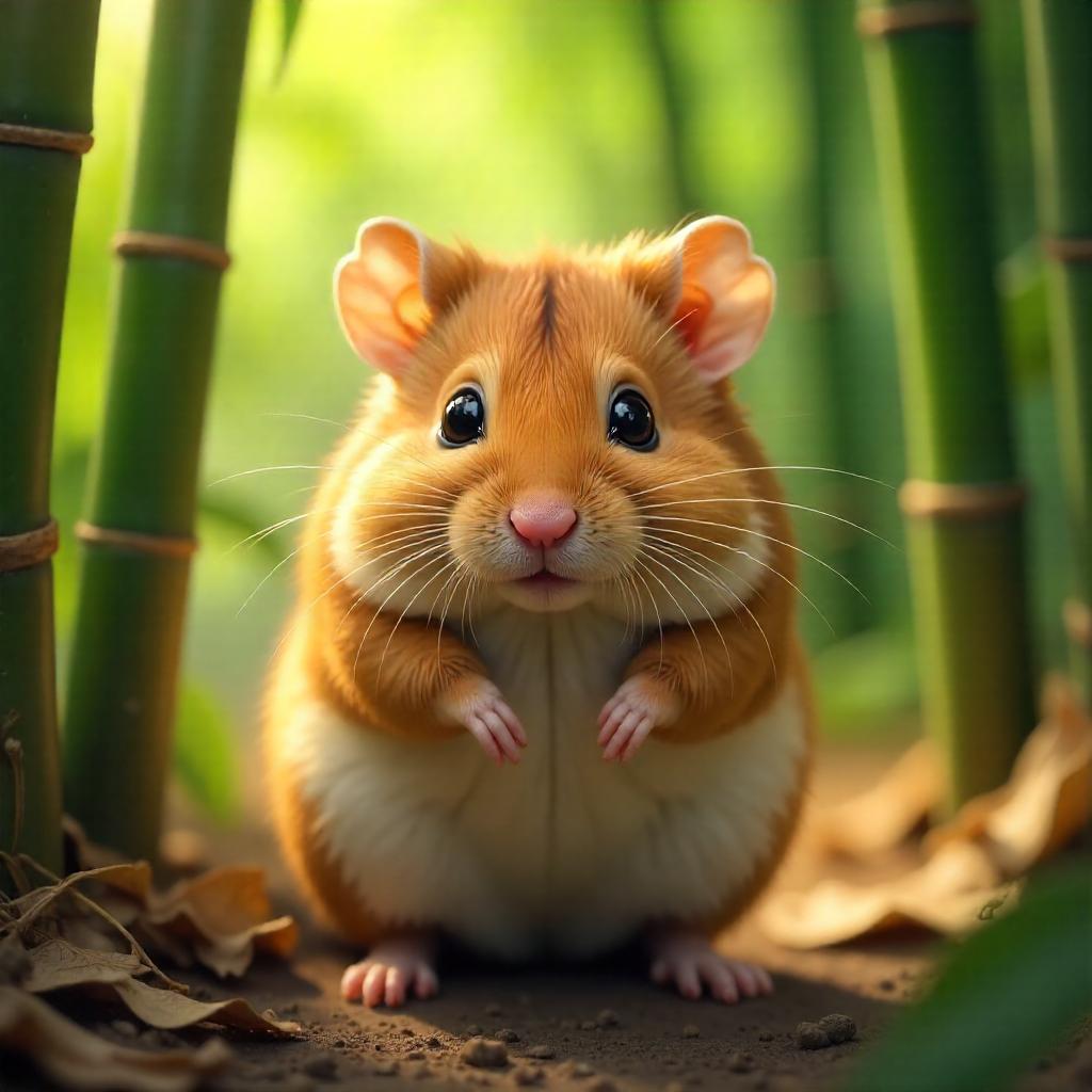 Photoreal Hamster in a Sunlit Bamboo Grove