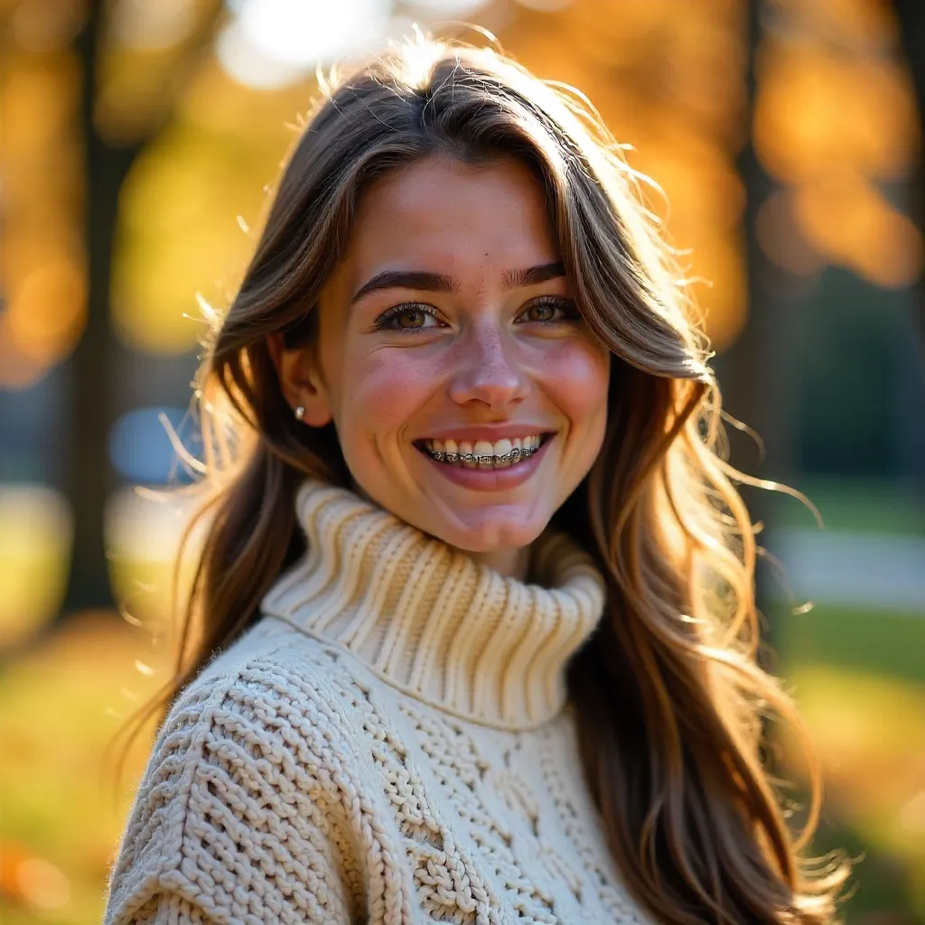 Braced Smile Outdoors in a Chunky Knit Sweater