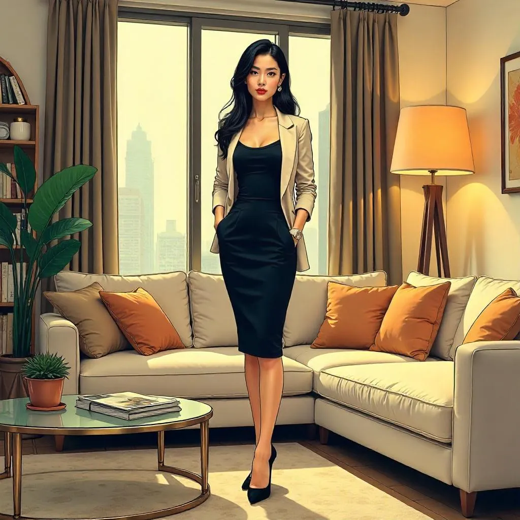 Elegant Asian Woman in a Living Room - Comic Art